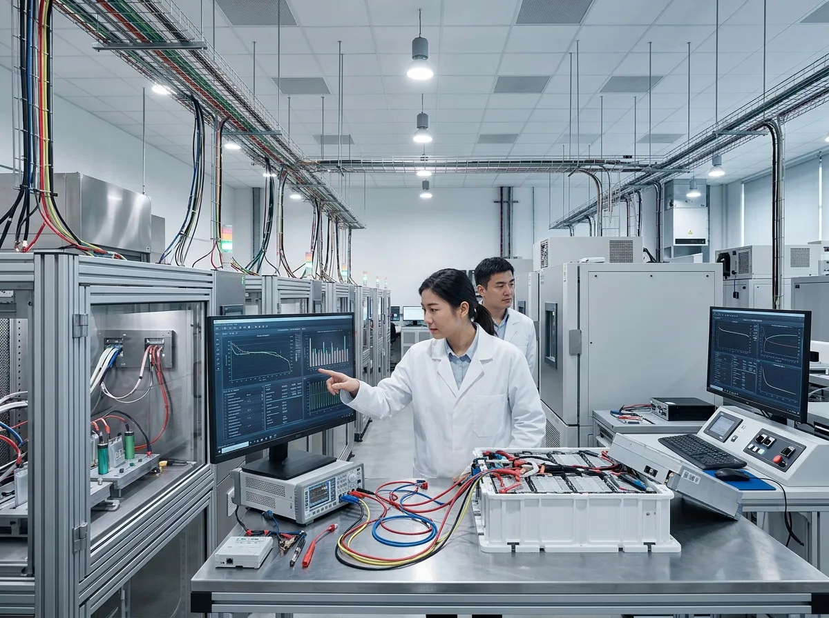 Ronda engineers reviewing BMS test data next to a battery module in the R&D lab