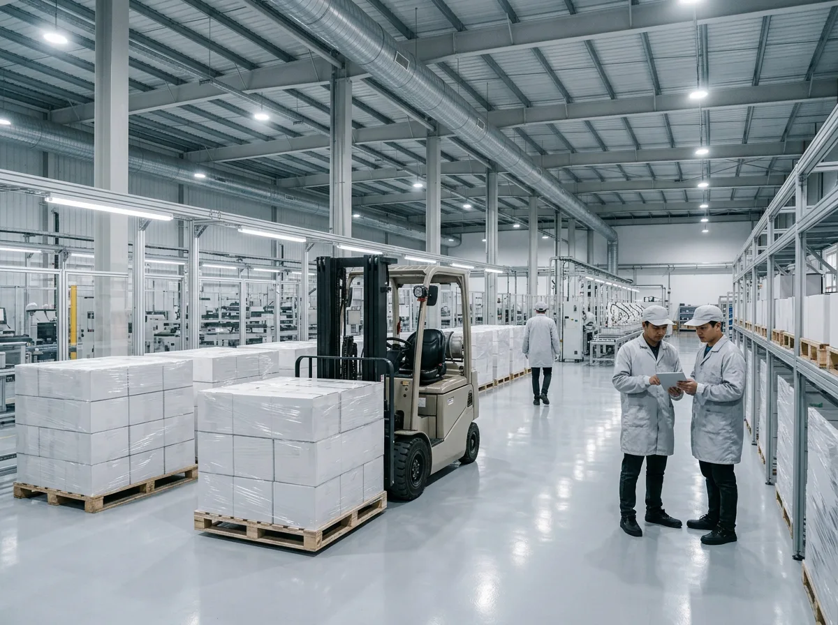 Packed Ronda home batteries on pallets in the factory warehouse