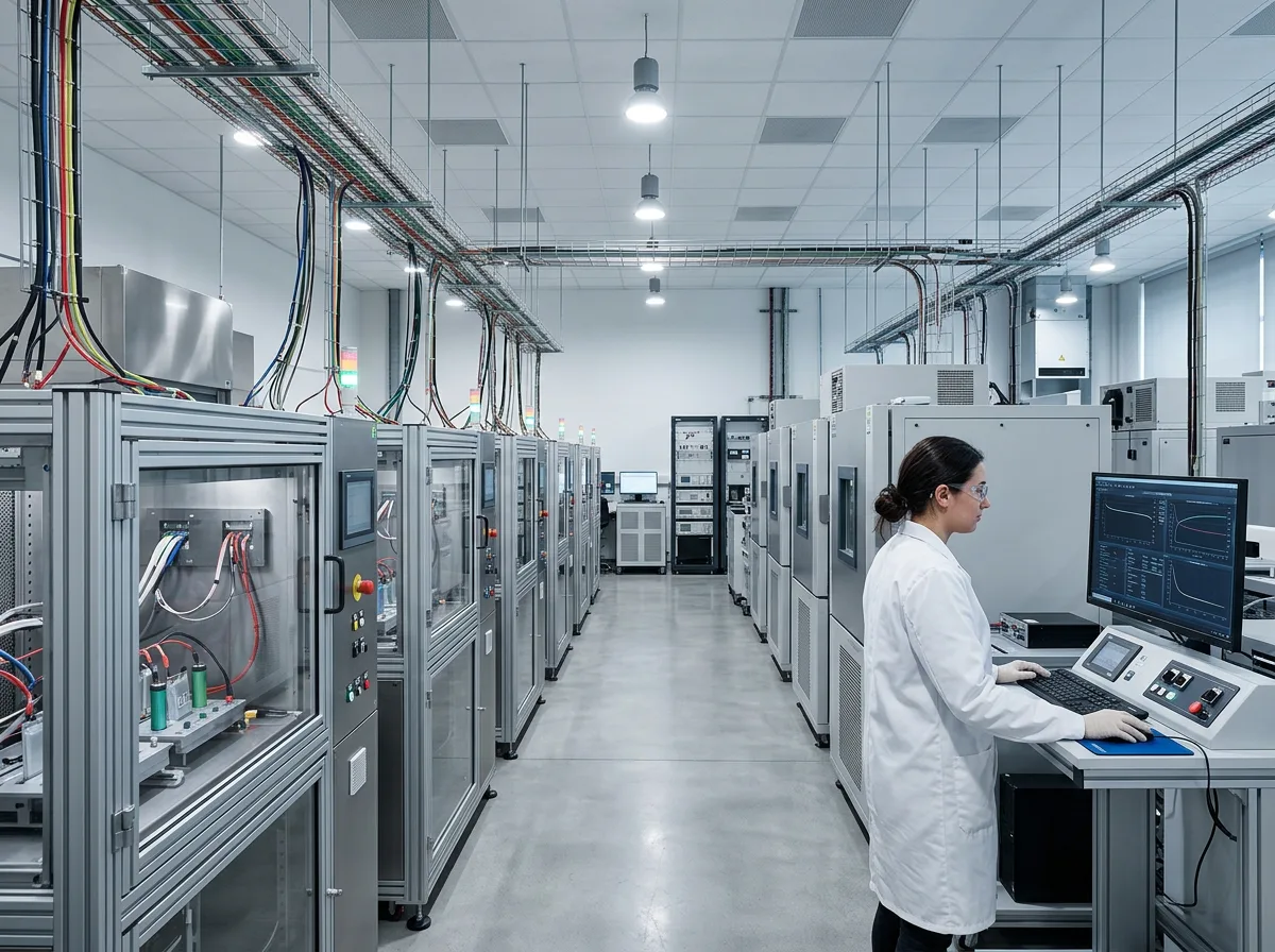 Ronda battery testing laboratory with technicians and test benches