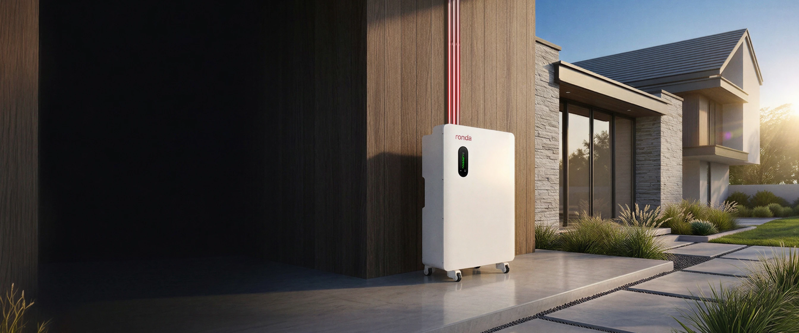 Ronda Power Lite Plus floor-standing battery installed outside a modern home