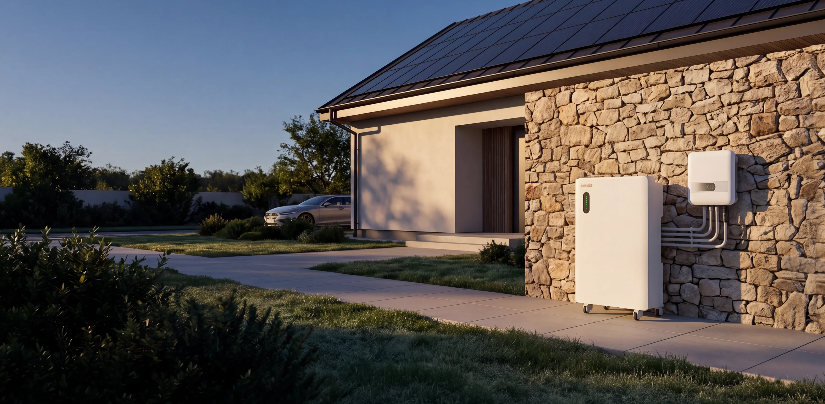Ronda Power Lite Plus battery and inverter on the stone wall of a home at dusk