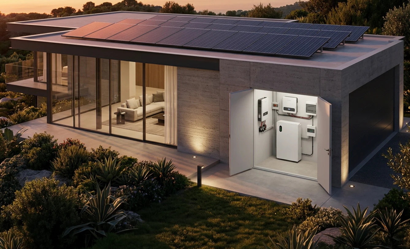 Ronda battery and inverter in the garage of a home with rooftop solar at dusk