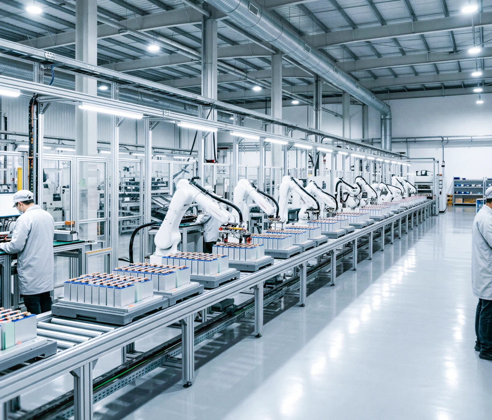 Automated LiFePO4 battery pack assembly line with robot arms