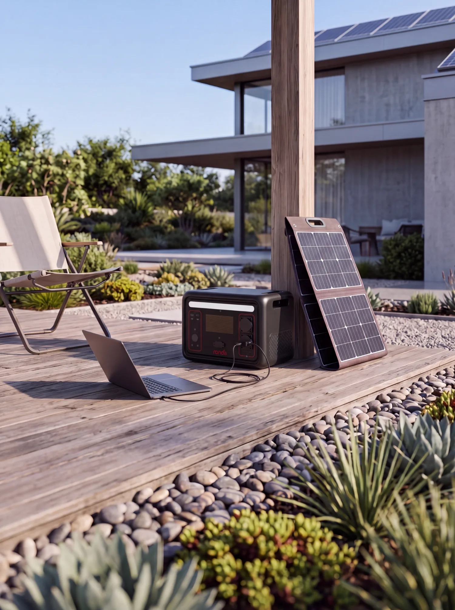 Ronda portable power station charged by a foldable solar panel on a terrace