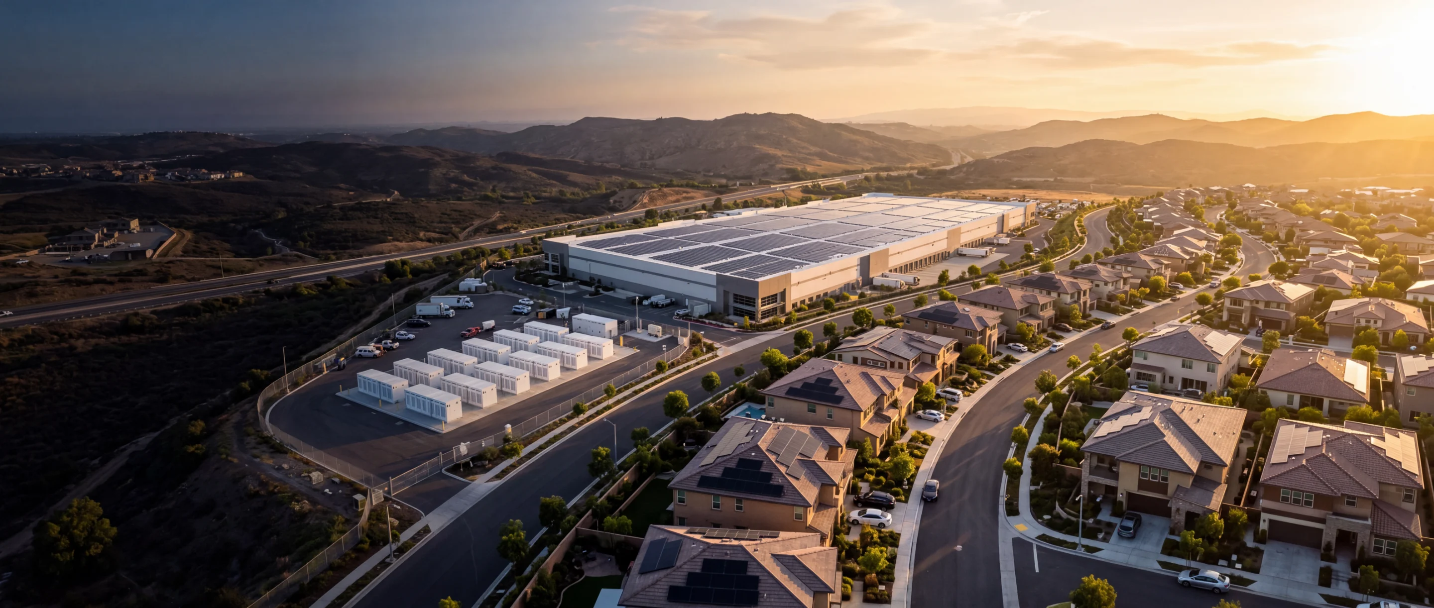 Aerial view of homes with rooftop solar and a commercial battery storage site at golden hour