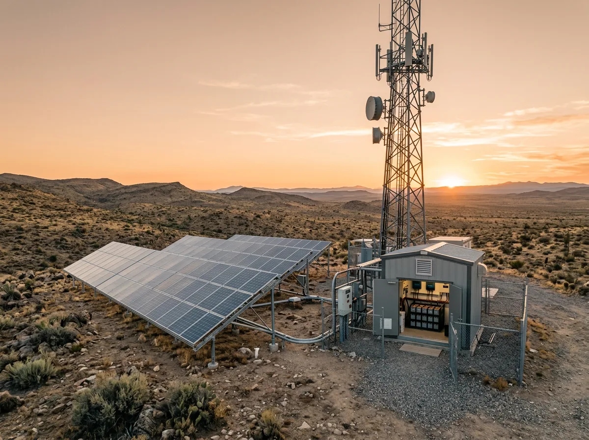 Remote telecom tower with solar panels and a battery shelter at sunset