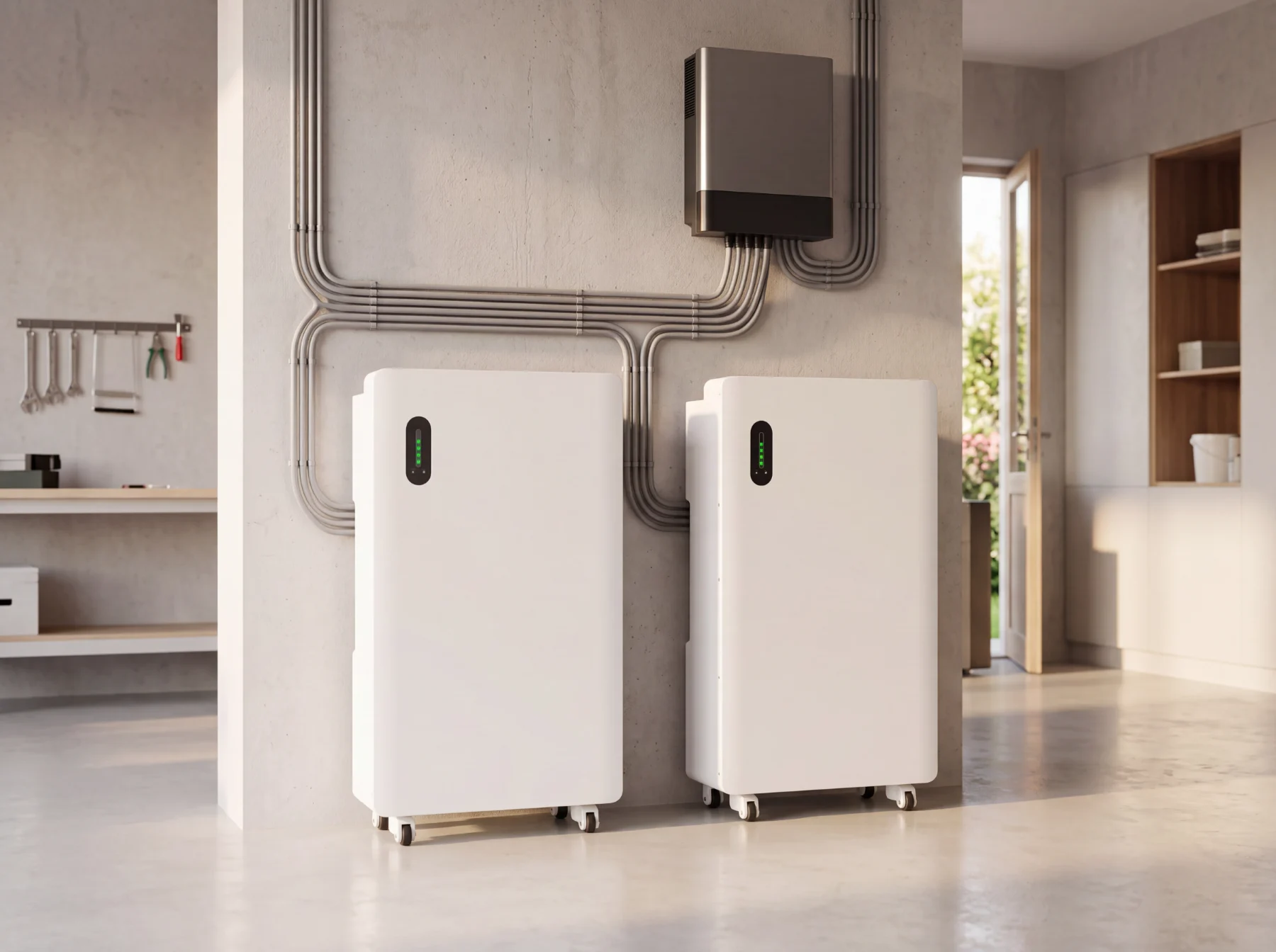 Two Power Lite Plus batteries in parallel in a home utility room