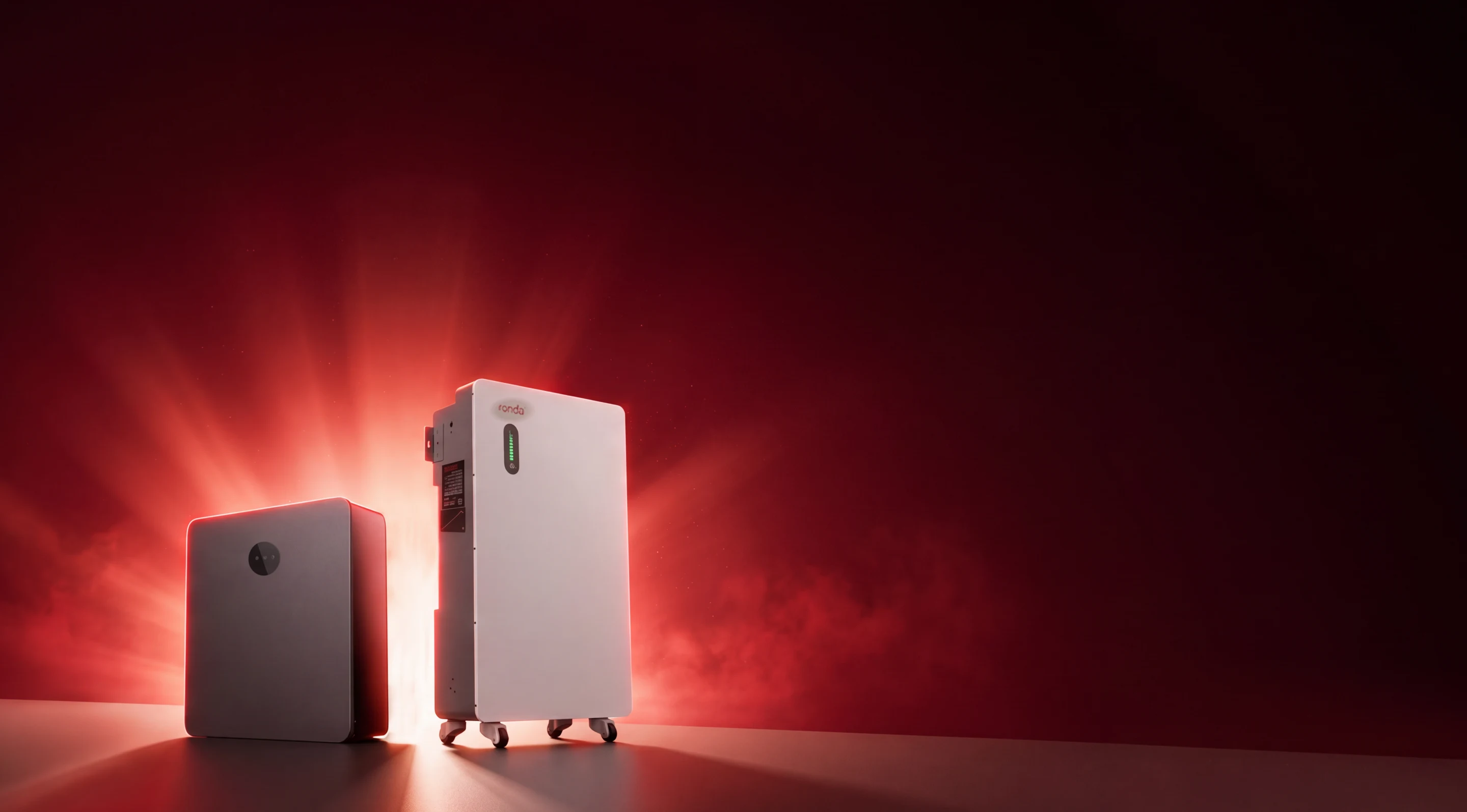 Ronda battery cabinets backlit in red on a dark stage